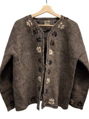 Vintage handmade Brown Wool Floral Embroidered Folk Cardigan Sweater size M